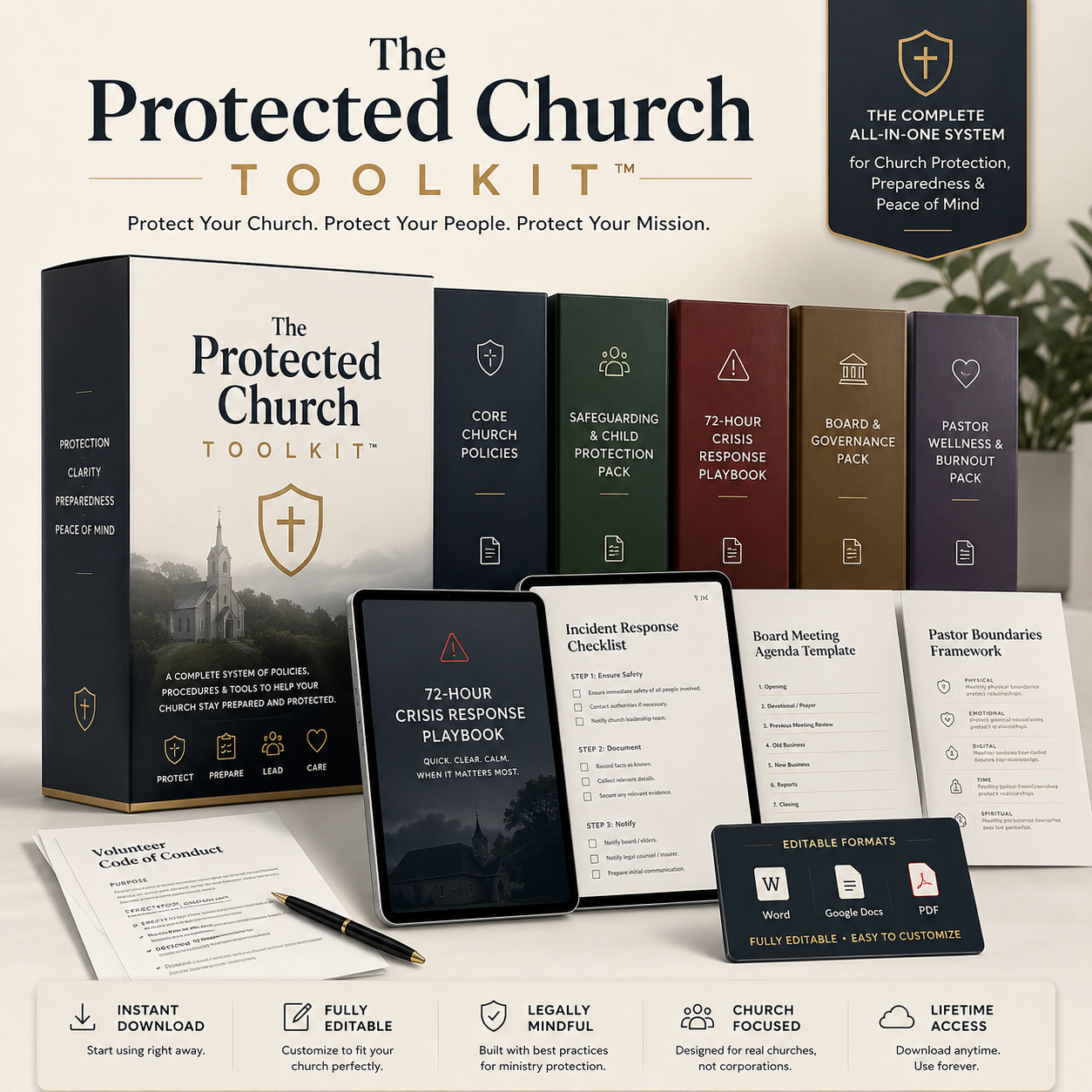 The Protected Church Toolkit — premium product mockup with policy documents, crisis playbook, safeguarding pack, and board governance materials